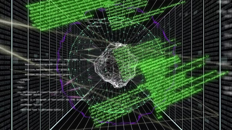Animation of globe and data processing over computer servers