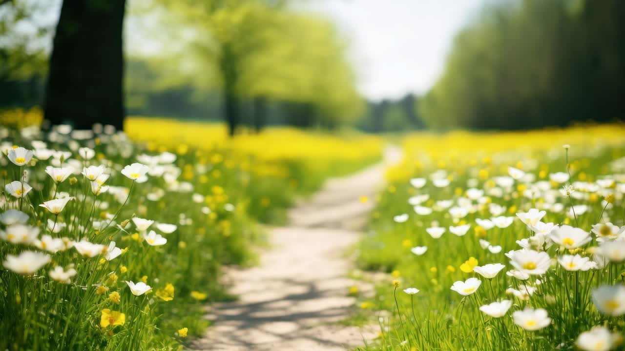 A serene, low-angle video captures a winding path through a vibrant meadow, lined with daisies