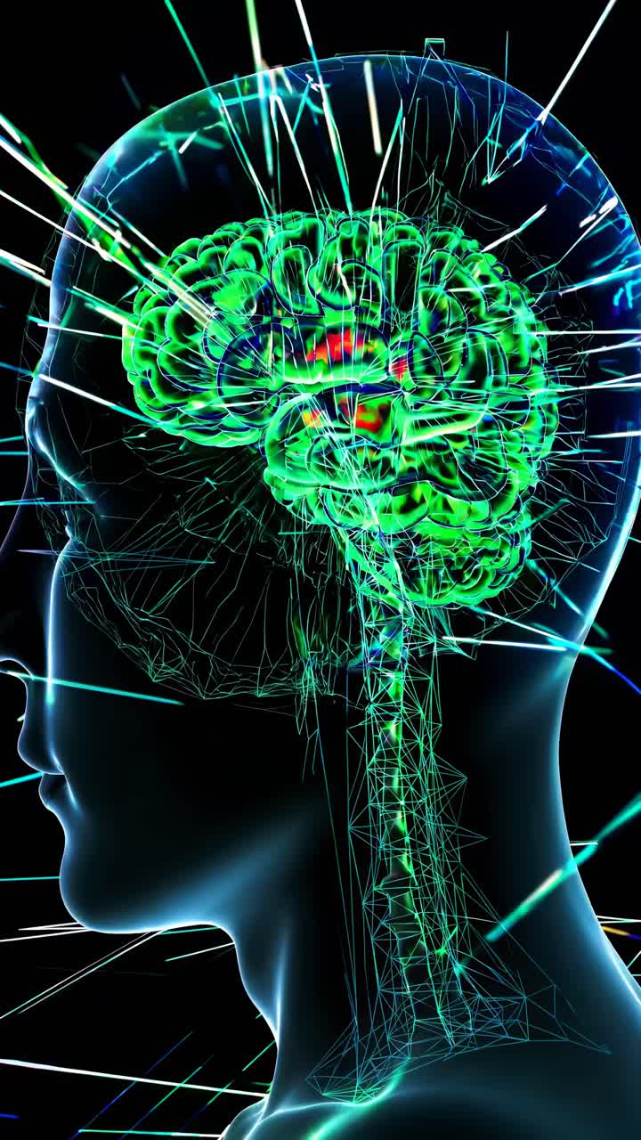 Vista laterale di un cervello digitale con linee al neon, che ricorda un concetto video futuristico