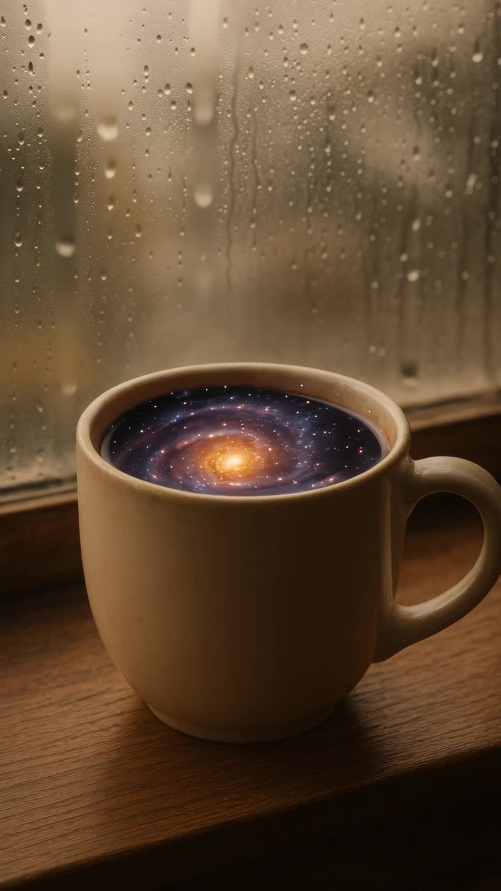 A mesmerizing video concept with a close-up angle of a coffee cup, featuring a galaxy swirl inside