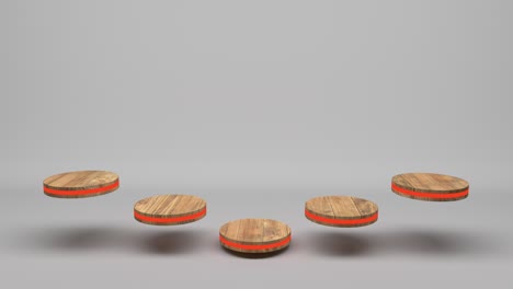 wooden product stand futuristic or podium pedestal on empty display growing flashing light with white backdrops. 3d rendering. seamless loop.