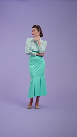 elegant woman in various poses against a purple background