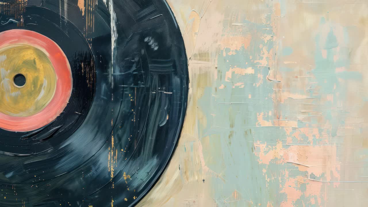 Abstract top-down view of a spinning vinyl record with textured pastel background, blending retro