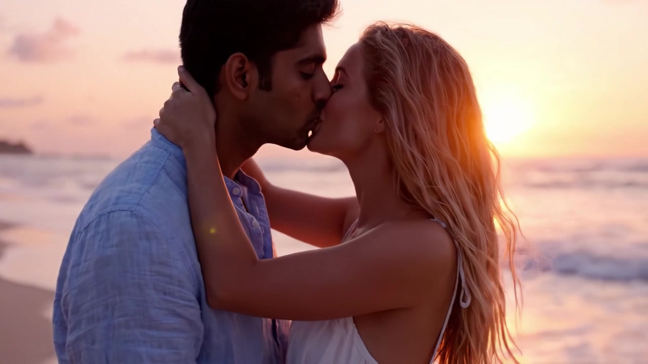 Catturare un tramonto romantico: un momento idilliaco tra due anime sulla spiaggia mentre condividono il loro amore contro un bellissimo cielo crepuscolare.