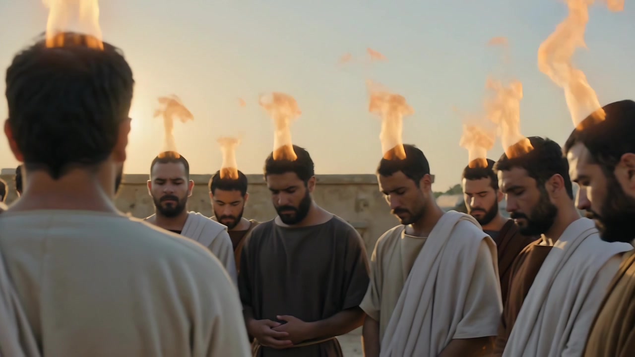 Standing leader with back to camera guiding rooftop ritual, flames appearing above robed heads