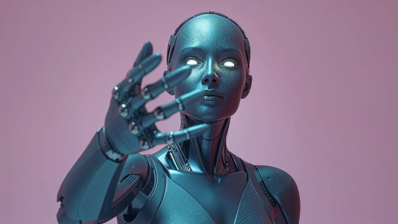 Starting with arm reach, android rotating right hand, curling fingers, probing pink set, lit eyes