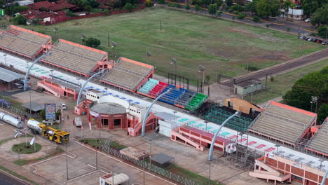 aerial view of empty stands at sambadrome in encarnación, paraguay. samba parade