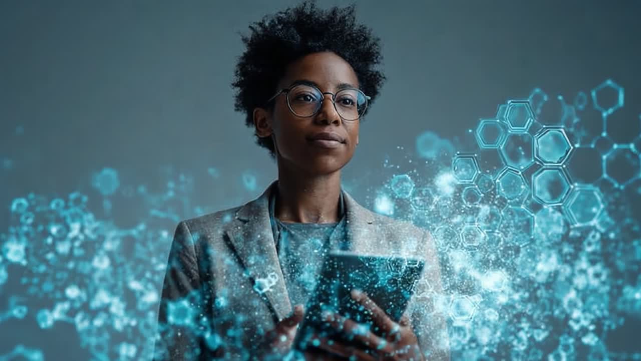 A visionary engaged with technology, surrounded by glowing digital elements representing innovation, data analysis, and futuristic concepts in a modern environment