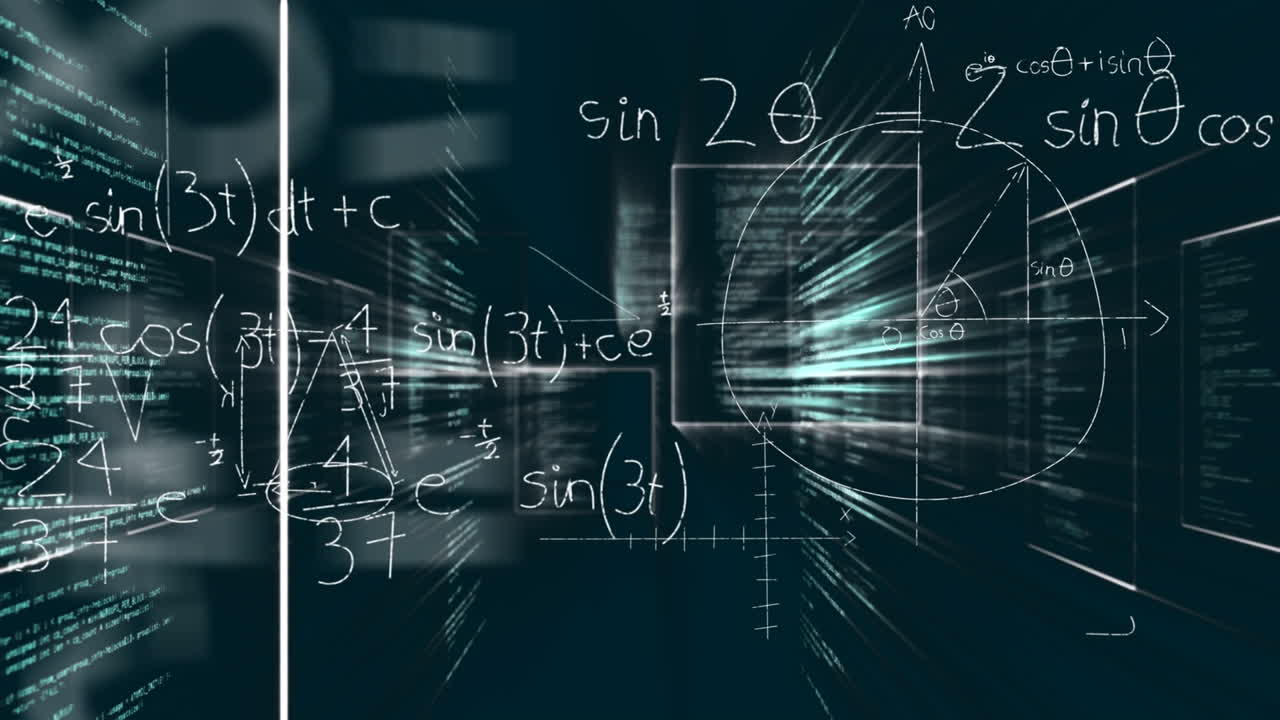 Animation of mathematical equations and data processing over black background