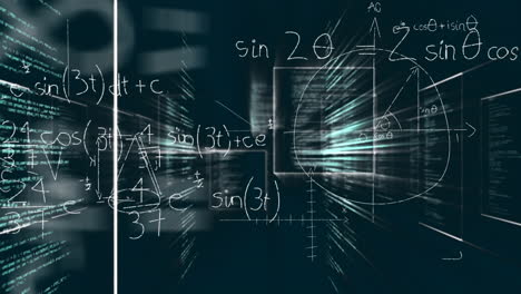 animation of mathematical equations and data processing over black background