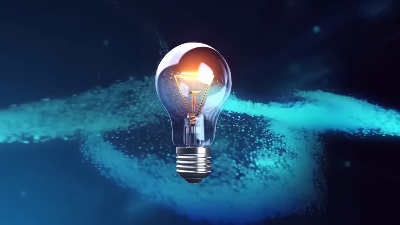 Un concetto video creativo di una lampadina con energia blu vorticante, ripreso da un'angolazione laterale