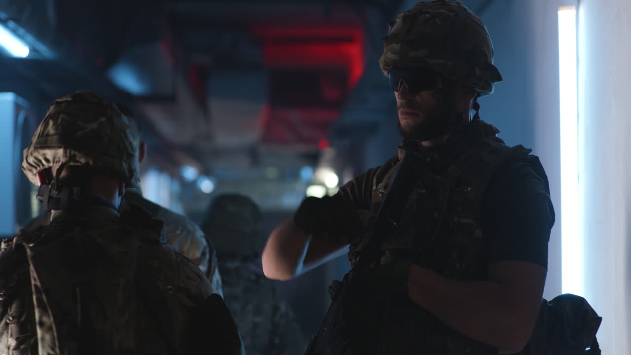 Military Personnel in a Futuristic Corridor