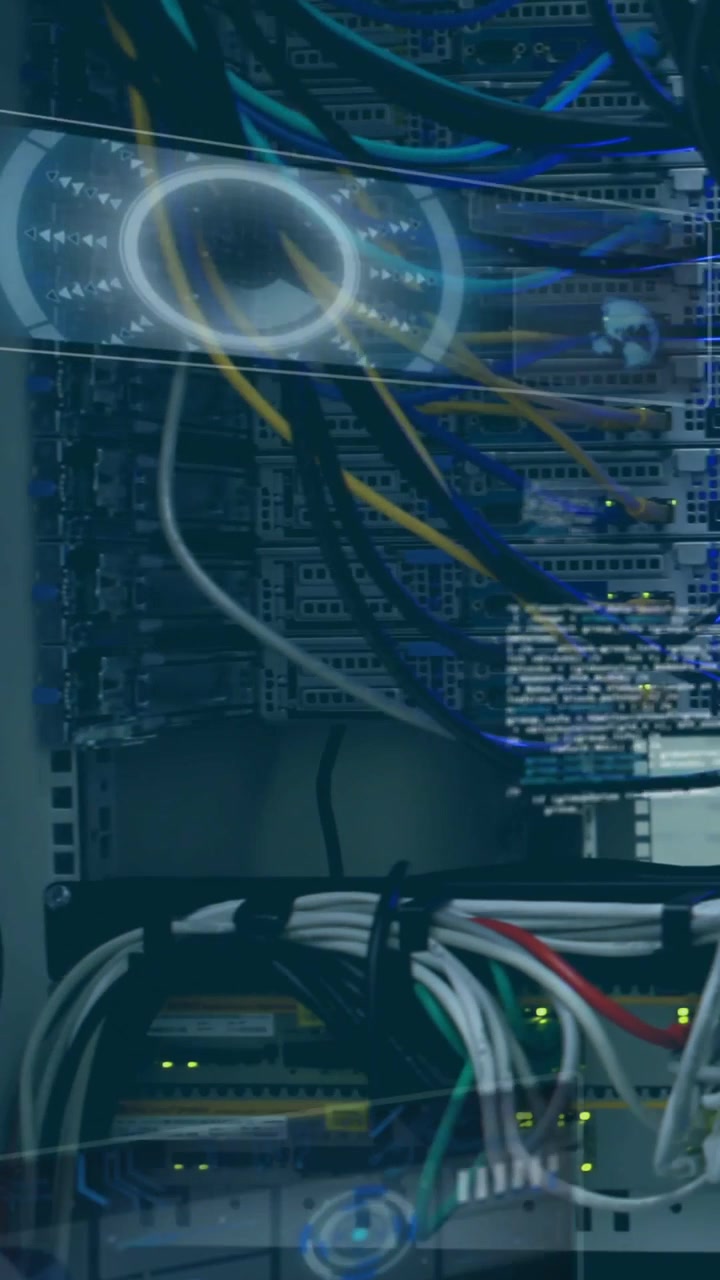 Vertical video: HUD emerging centering white module yellow tag sliding right panning testing cables