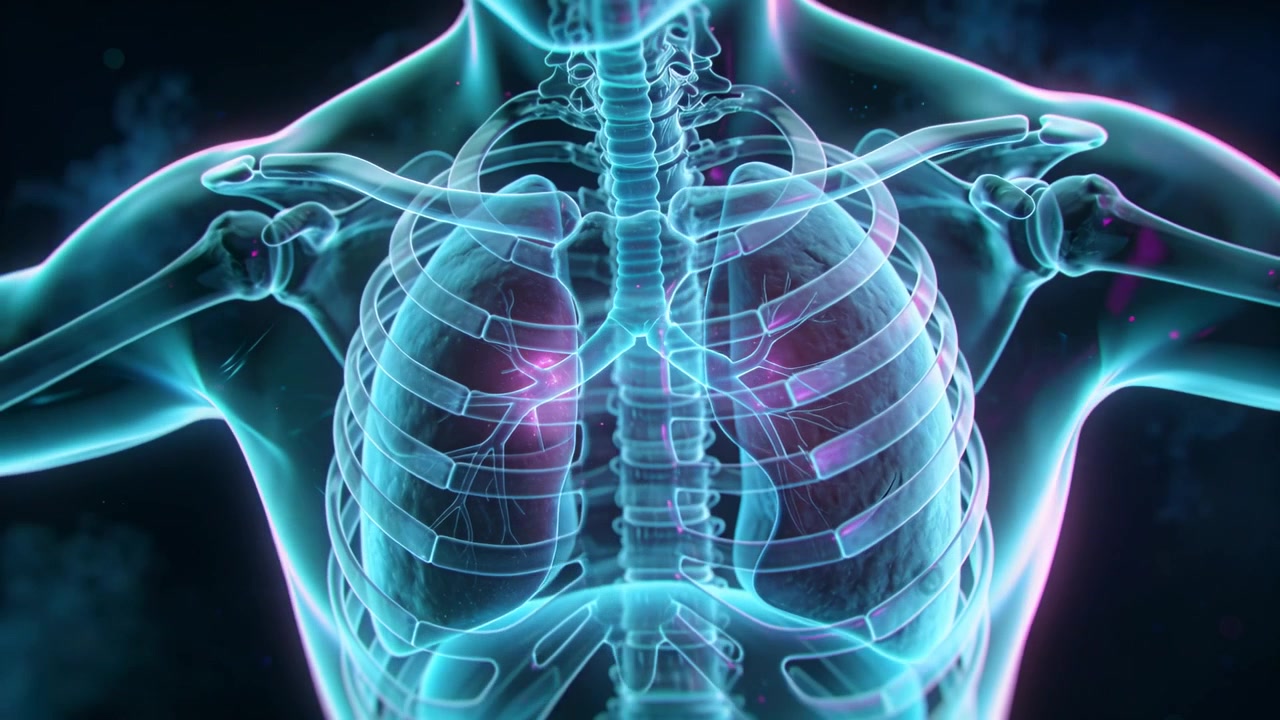 Sequenza che mostra un busto trasparente con polmoni in espansione in un laboratorio di anatomia, rivelando costole e noduli pulsanti.