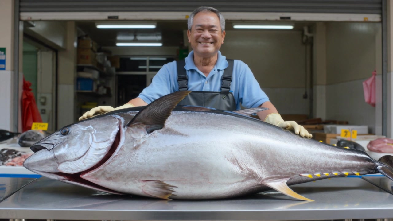 Smiling seller with bib gloves steadying large tuna on table at market selling prompted by camera