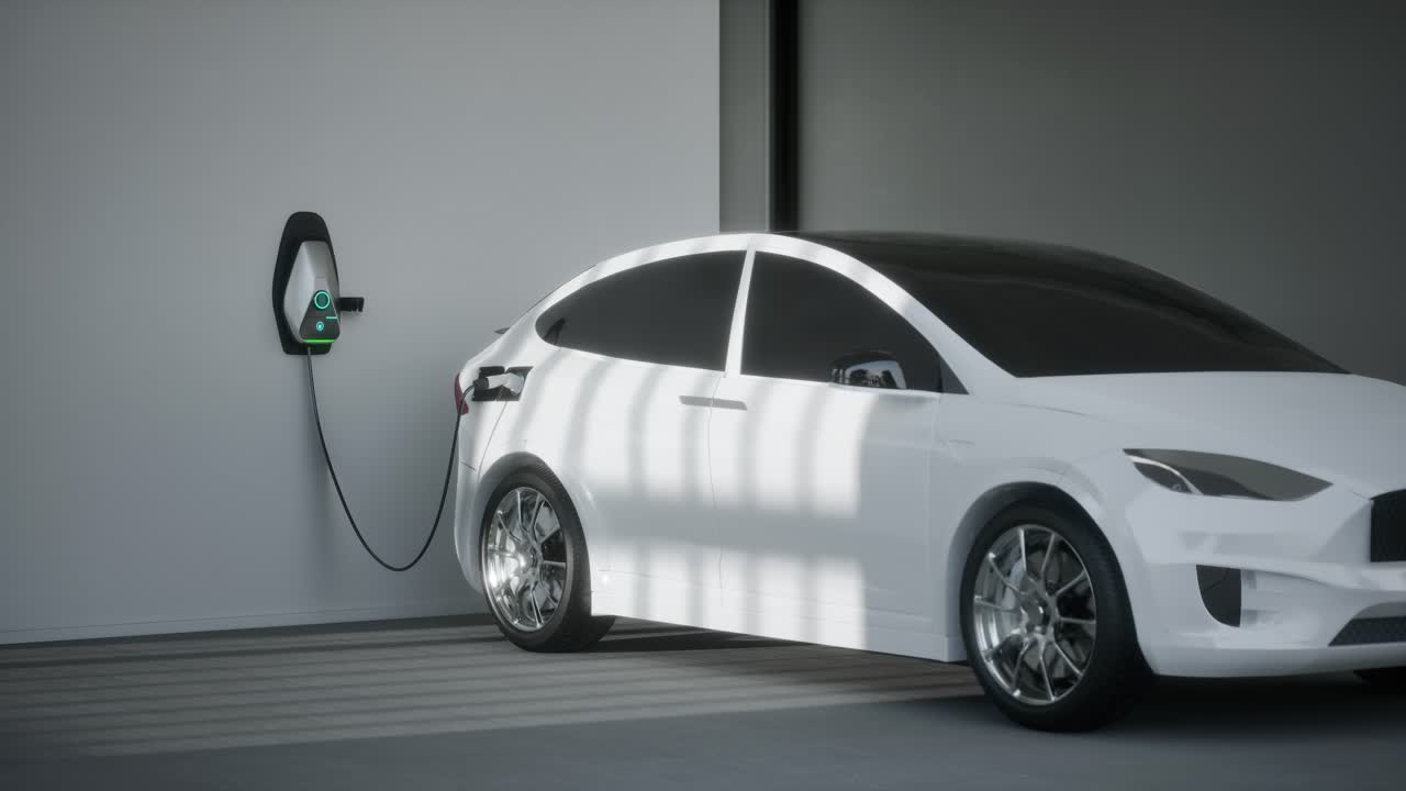 차고에서 전기 자동차 suv 충전 3d 애니메이션