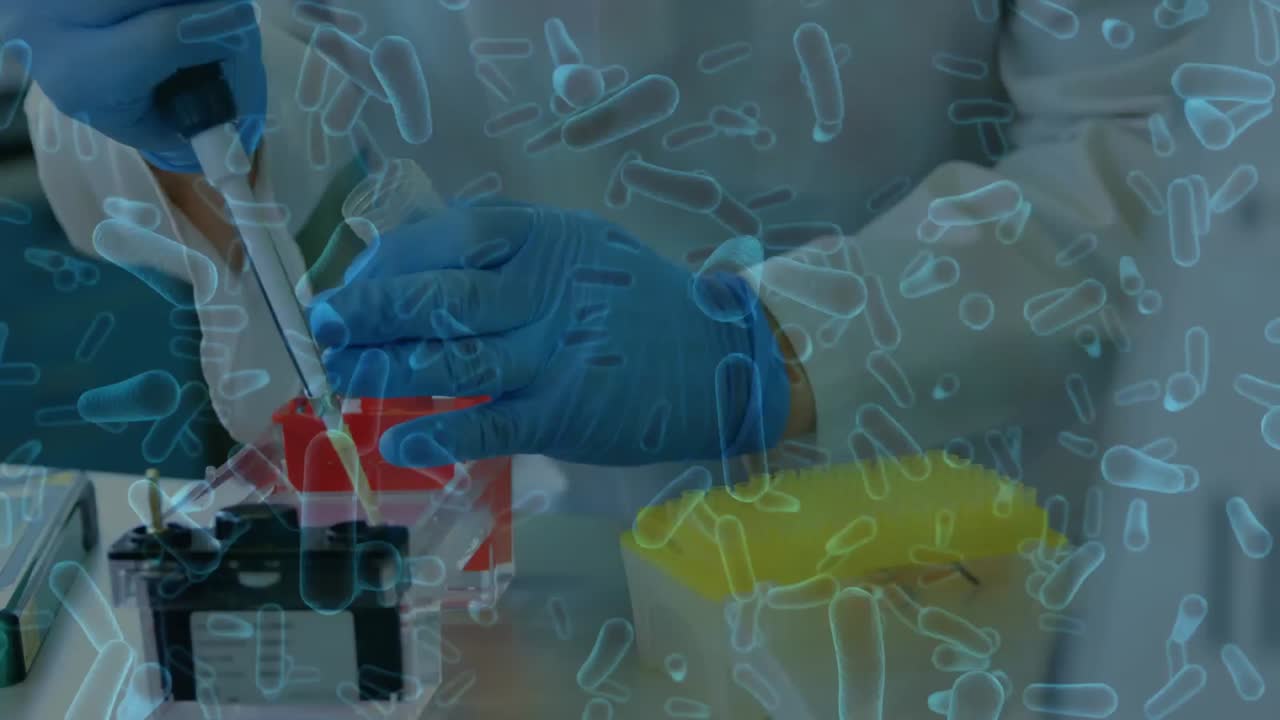 animazione di cellule di coronavirus oltre la scienza in laboratorio