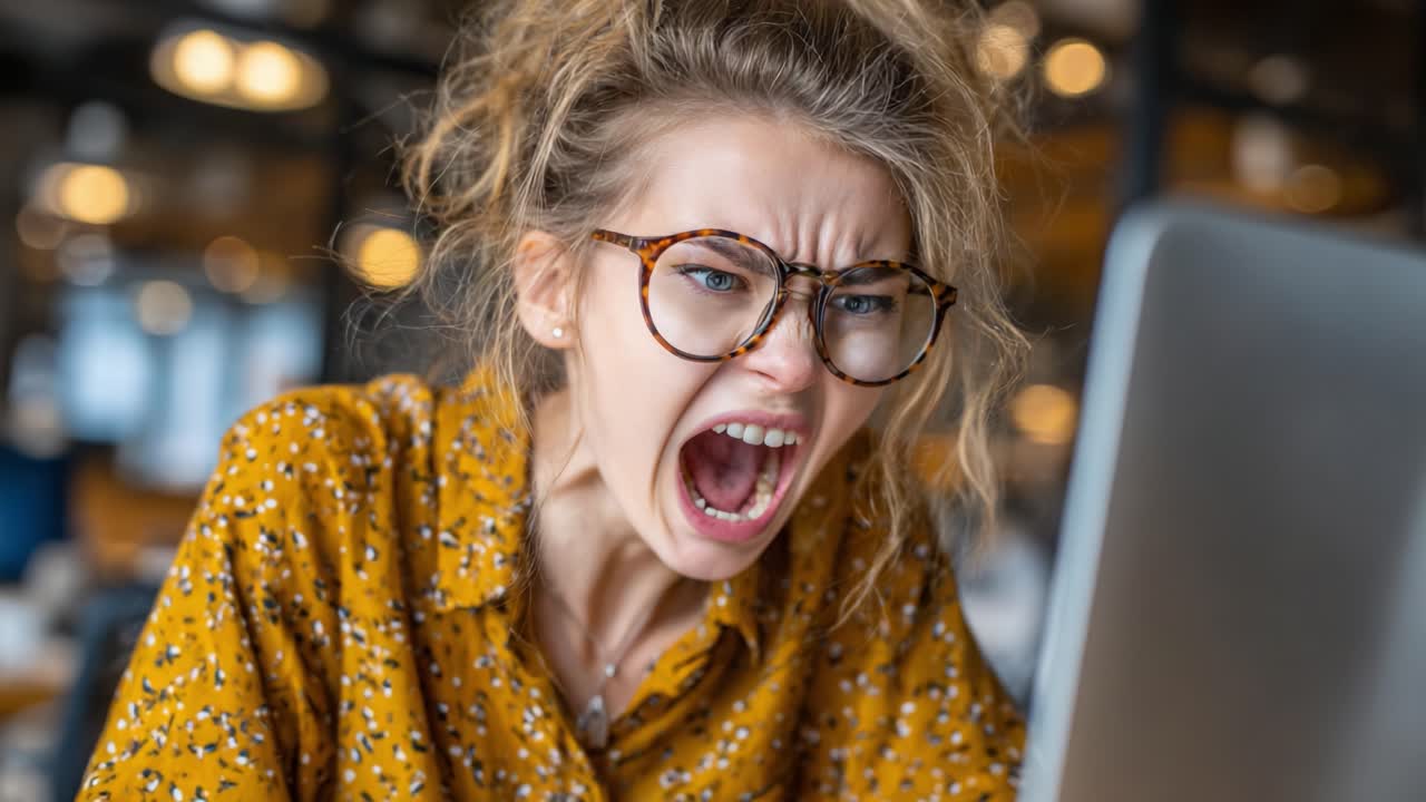 Intense Emotional Reaction: A Frustrated Woman Expresses Anger and Distress While Engaged With Her Laptop in a Modern Work Environment