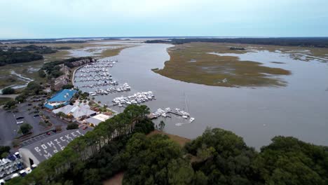 aerial fast push over marina along bohicket creek near kiwah island and seabrook island south carolina