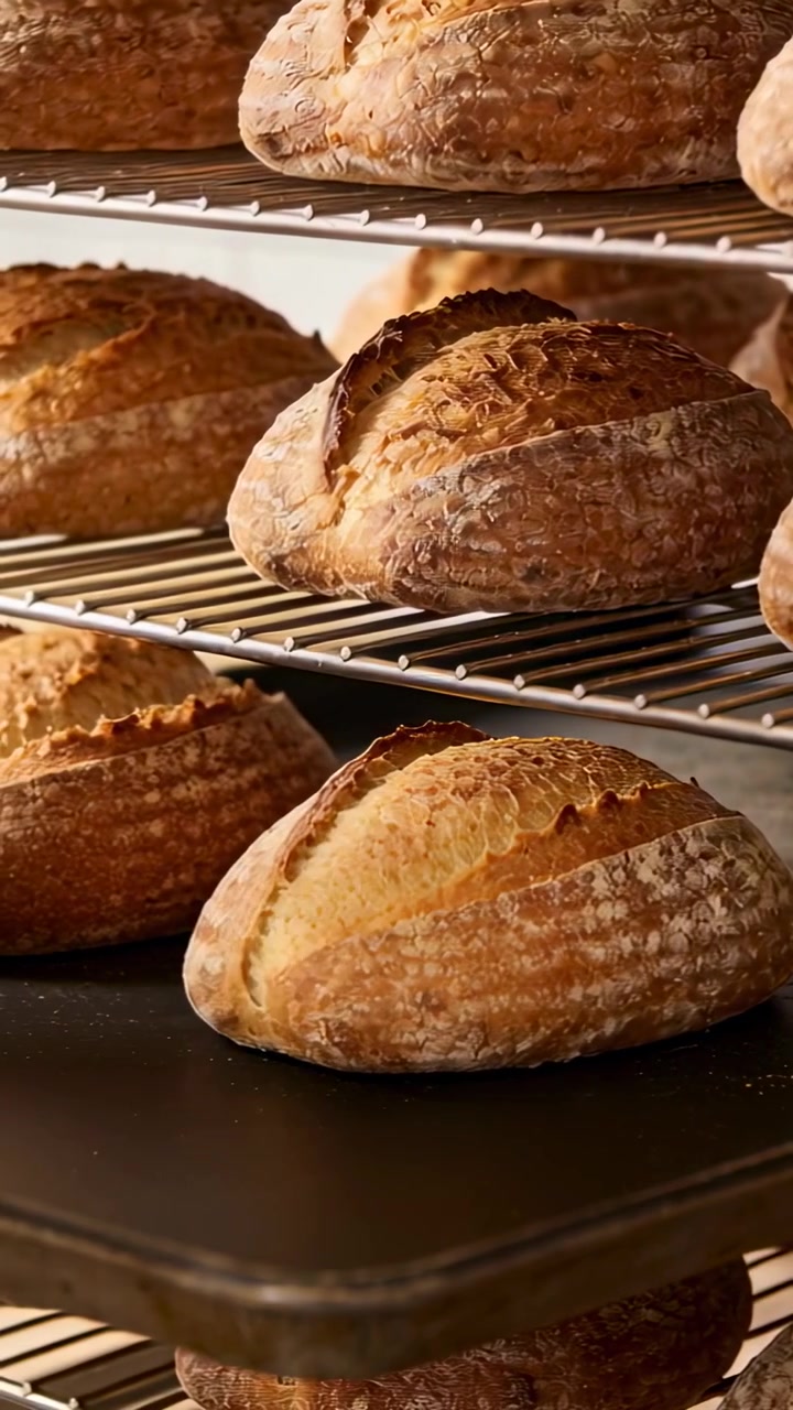 Vertical video: Entering frame baker's hand placing rustic loaf on tray on rack at bakery staging