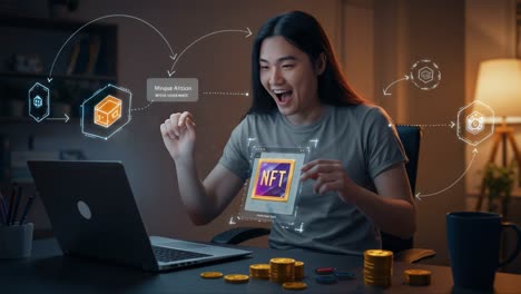 exciting digital exchange: a young individual reacts joyfully while engaging with nfts on their laptop surrounded by cryptocurrency coins