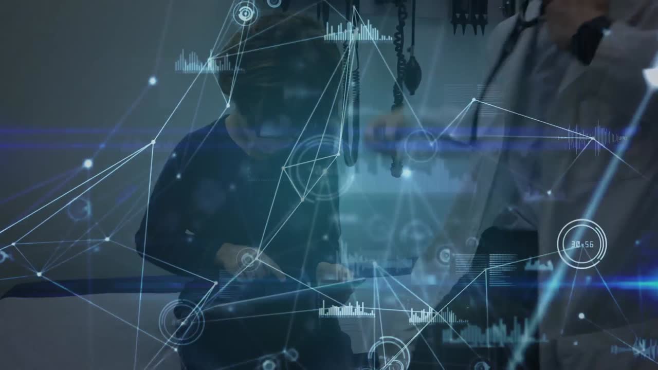 연결 네트워크의 애니메이션과 데이터 처리 백인 남성 의사 검사 아이를 통해