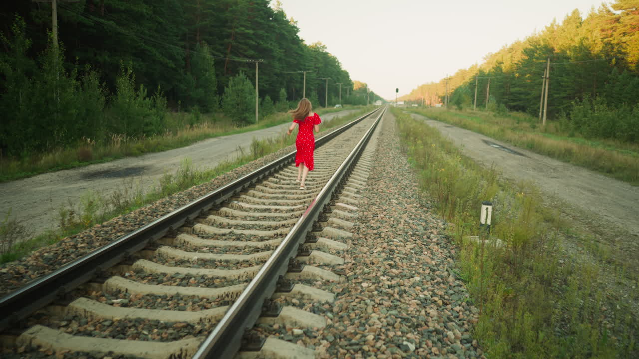 Rear view of woman in red dress running along rail track while looking back, surrounded by forest vegetation with poles and rural structures visible in distance under soft natural daylight