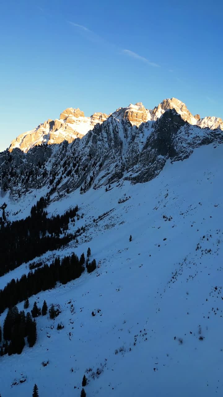 Fronalpstock Glarus Alpleri, yüksek alpin kaya oluşumu, İsviçre doğası, dikey video.