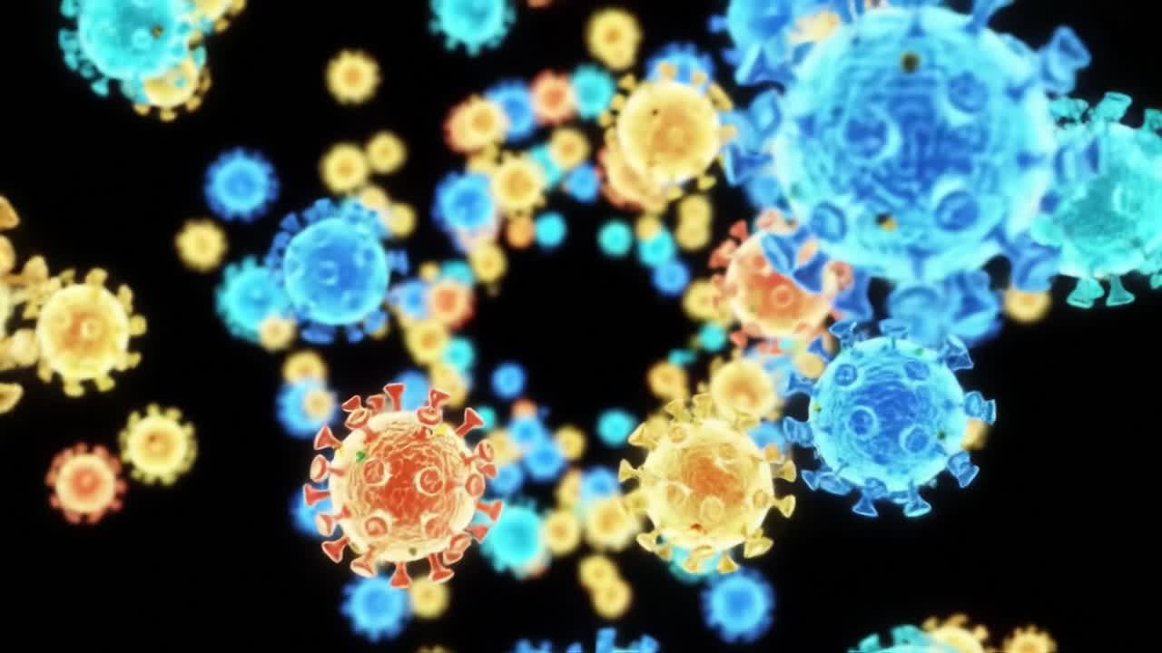 A vibrant representation of microscopic particles in a swirling motion, showcasing intricate details of their structure and interaction in a visually stunning display.