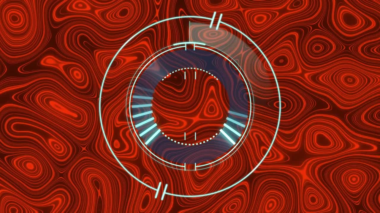animación de un escáner redondo de neón sobre un patrón caleidoscópico contra un fondo rojo