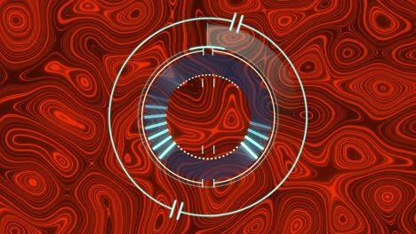 Animation-Eines-Neon-Rundscanners-über-Kaleidoskopischem-Muster-Vor-Rotem-Hintergrund