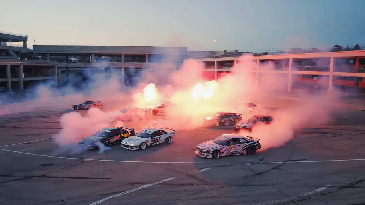 Cars drifting with smoke and stunts