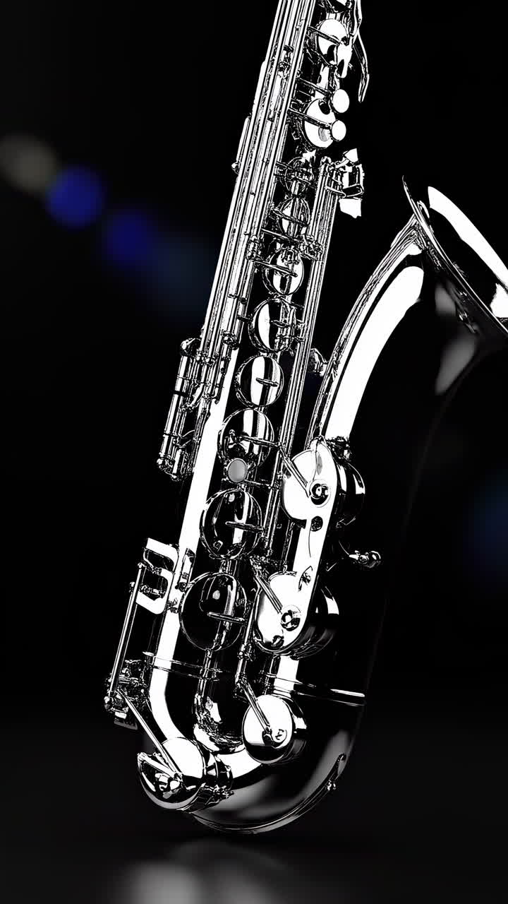 Close-up of a Rotating Silver Saxophone on a Black Background