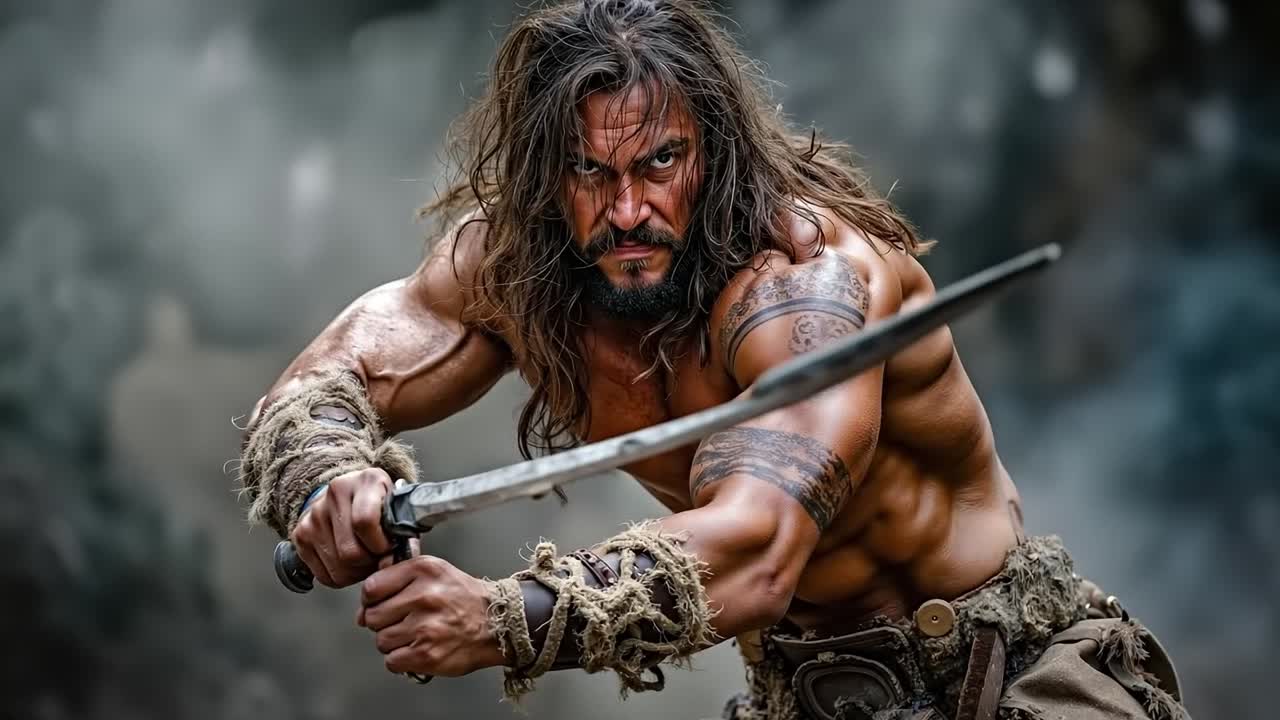 un hombre de cabello largo con una espada en la mano