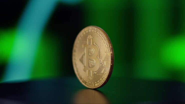 Bitcoin in rotazione con effetto bokeh di codice verde sullo sfondo