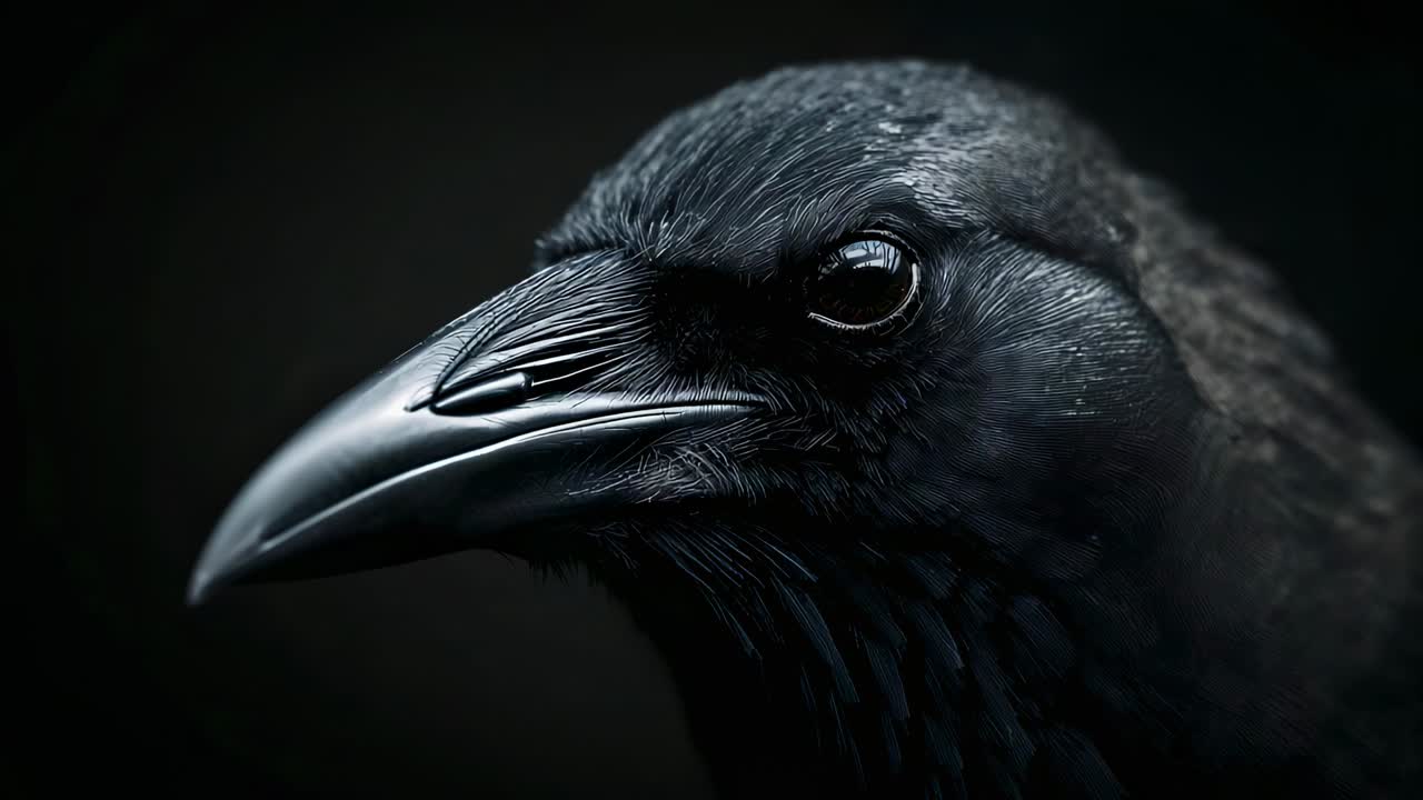 Displaying close-up raven head holding still in dark backdrop highlighting glossy beak and feathers