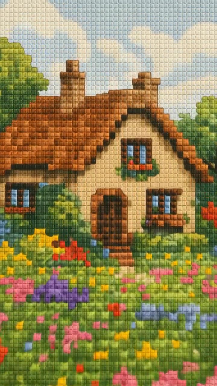Diamond Painting of a Cozy Cottage in a Flower Garden