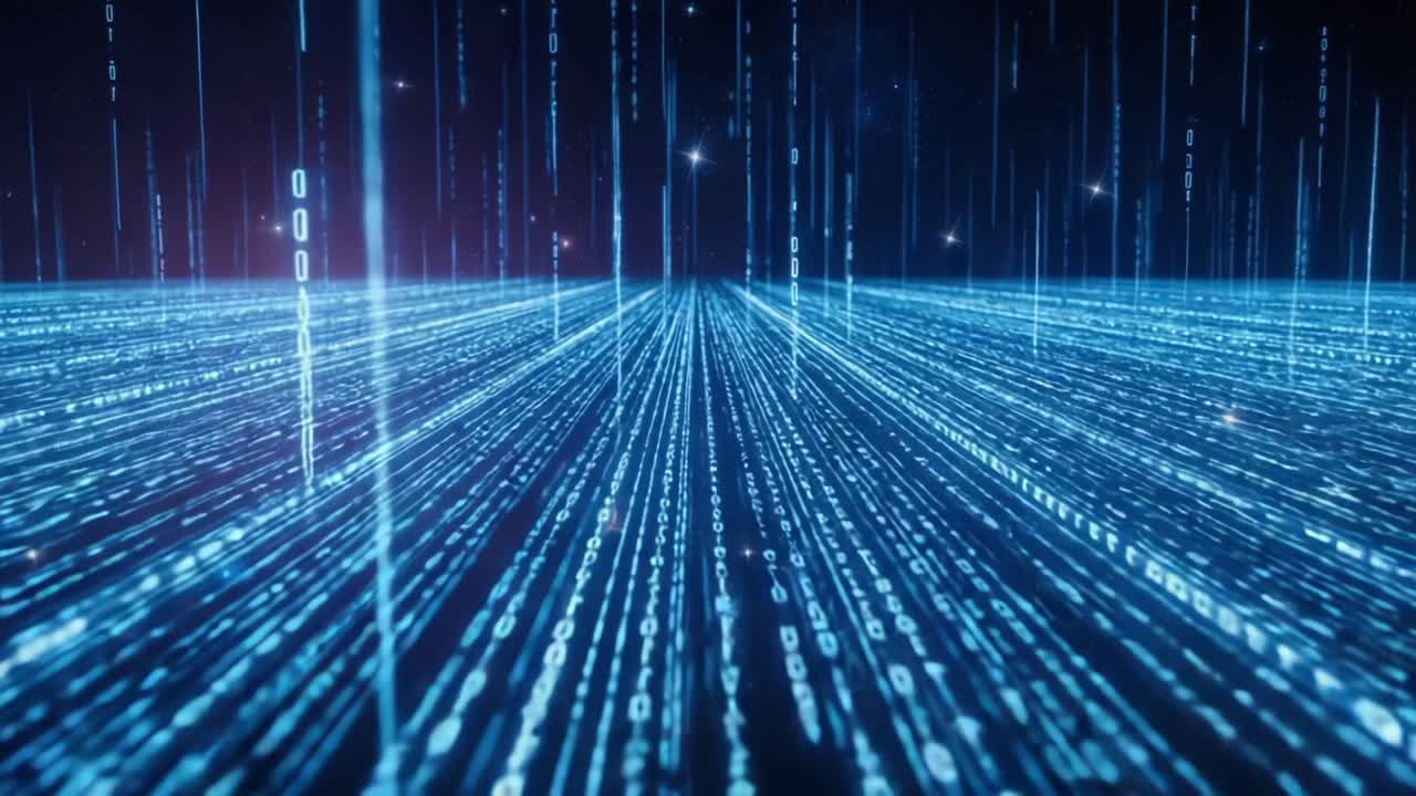 An Immersive Visualization of Data: A Striking Digital Landscape Capturing the Essence of Binary Code in Motion with Depth and Infinite Connectivity