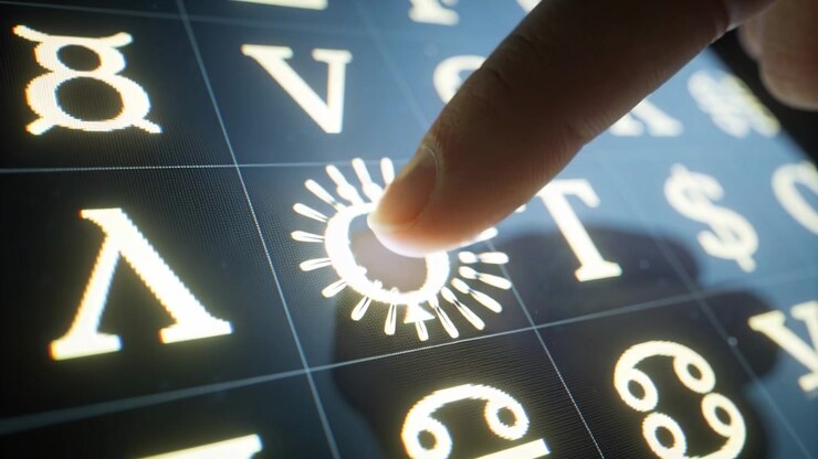 Hovering adult fingertip tapping tablet screen, selecting O-like glyph with glowing ripple