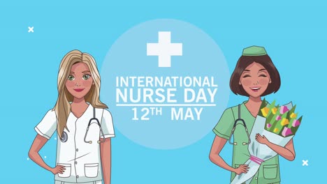 international nurse day lettering with nurses characters