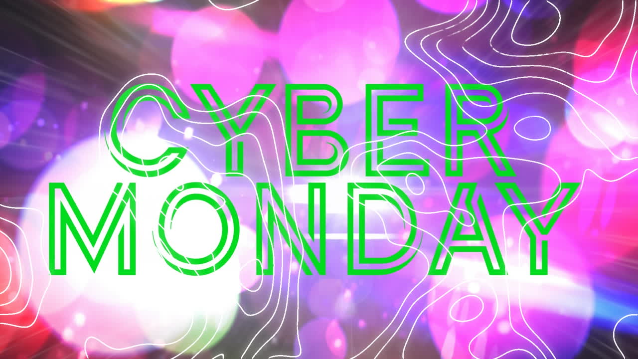 animación de texto y formas de cyber monday con manchas en fondo negro