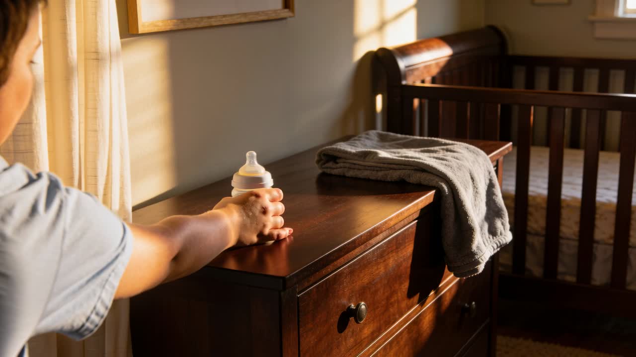 Pulling curtain, caretaker in short tee grabbing baby bottle from dresser in nursery for feeding