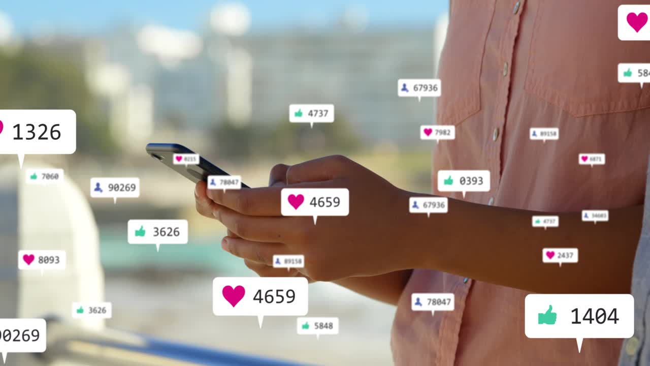 Woman holding phone at pier railing, receiving heart, drawing badges and growing social engagement