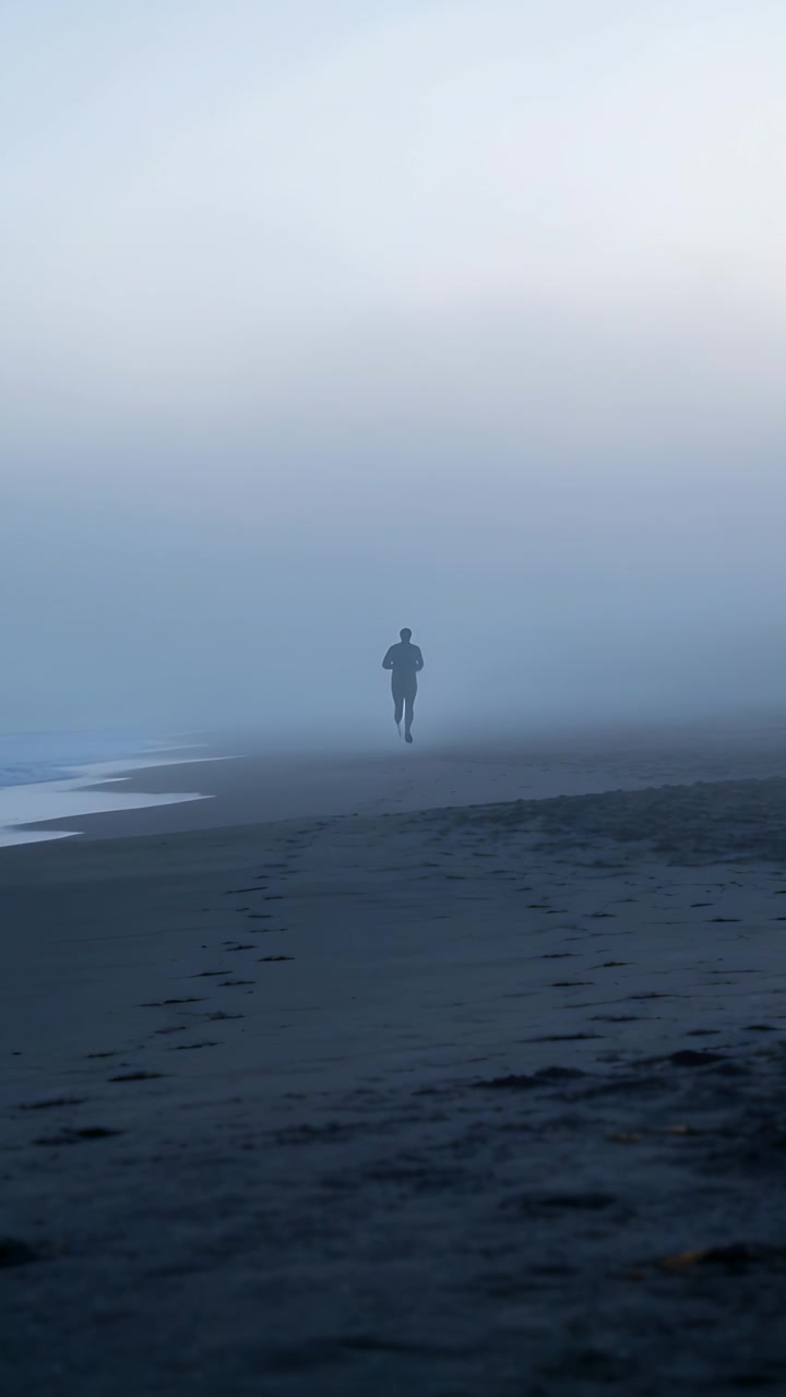 Vertical video: Starting run, man in dark top, shorts jogging into fog on shore leaving footprints