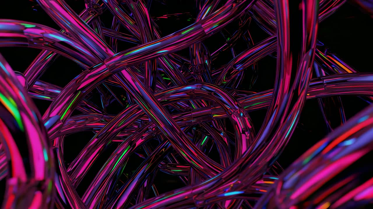After holding still frame, camera gliding into neon tube network in digital void, revealing nexus
