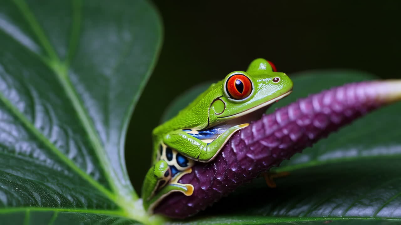 A vibrant red-eyed tree frog perched on a purple plant stem