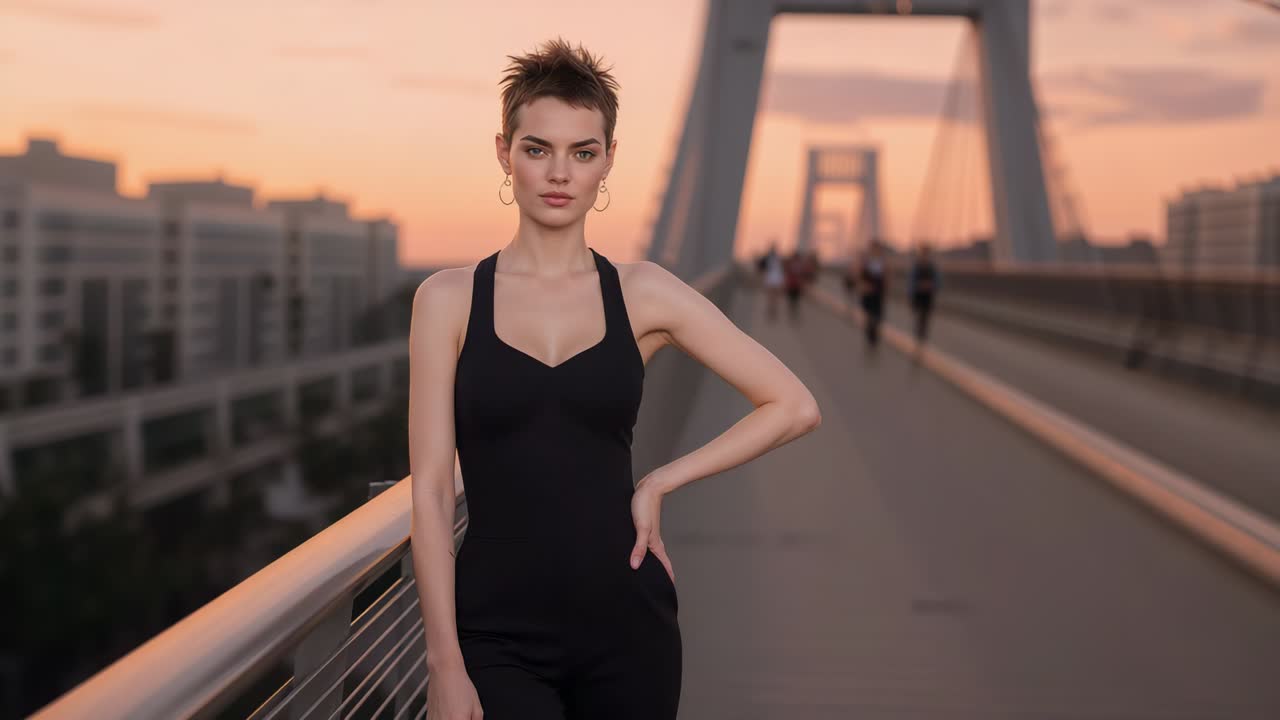 Posing woman in black dress opening eyes, shifting, placing hand on hip on bridge at sunset