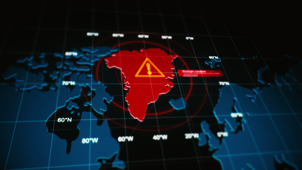 Mapa de vídeo 4K destacando Groenlandia con símbolo de alerta, líneas de latitud y longitud, y enfoque en la región ártica, ilustrando el riesgo geopolítico, la monitorización del clima y la concienciación sobre la seguridad global