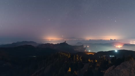 breathtaking timelapse of roque nublo at night, nightlight scene over the mountains and teide in the distance. a serene and cinematic scene, perfect for nature, travel, and adventure projects.
