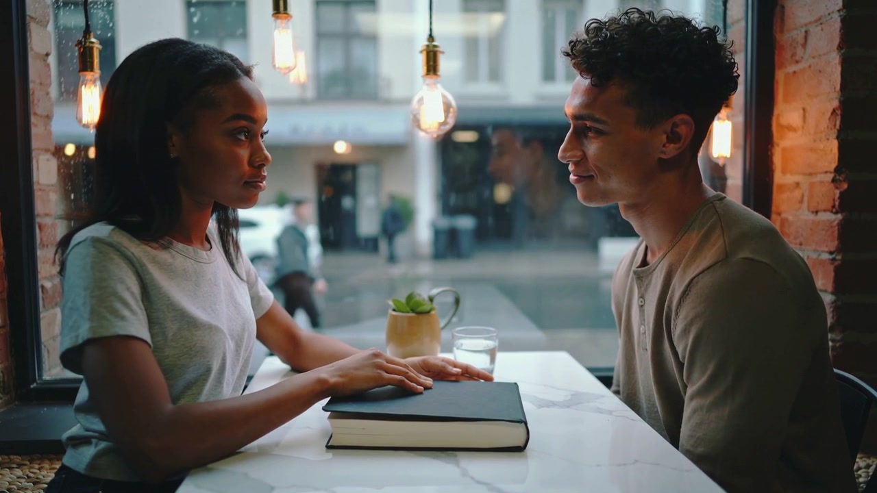 Reaching woman in tee touching book at cafe window table explaining man in shirt listening smiling